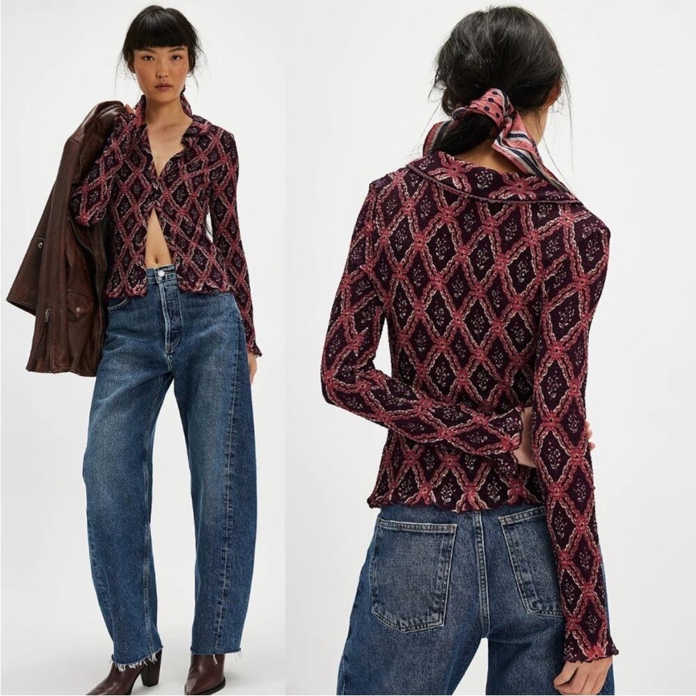 NWOT Free People Caught A Feeling Cardi Smocked Top Long Sleeve Purple Pink XS